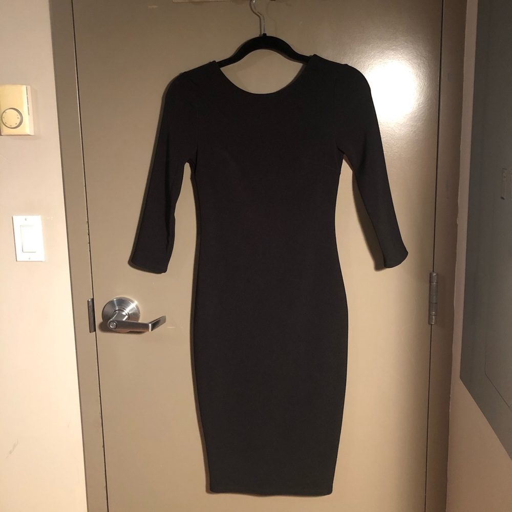 3/4 Sleeve Black Ribbed Midi Dress